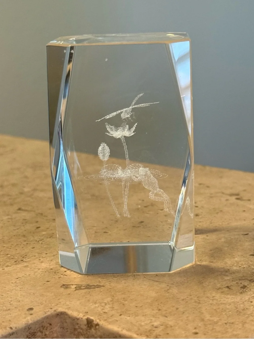 Vintage 3D Laser Etched Crystal Glass Frog, Dragonfly and Flower Paperweight